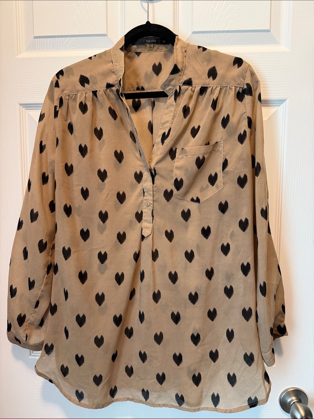 fun 2 fun Beige Button-Down Shirt with Black Heart Print